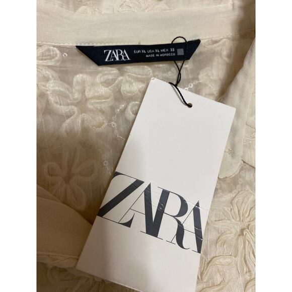 NEW Zara White Textured Floral Chiffon Long Sleeve Button Down Shirt Blouse XL - Picture 5 of 5